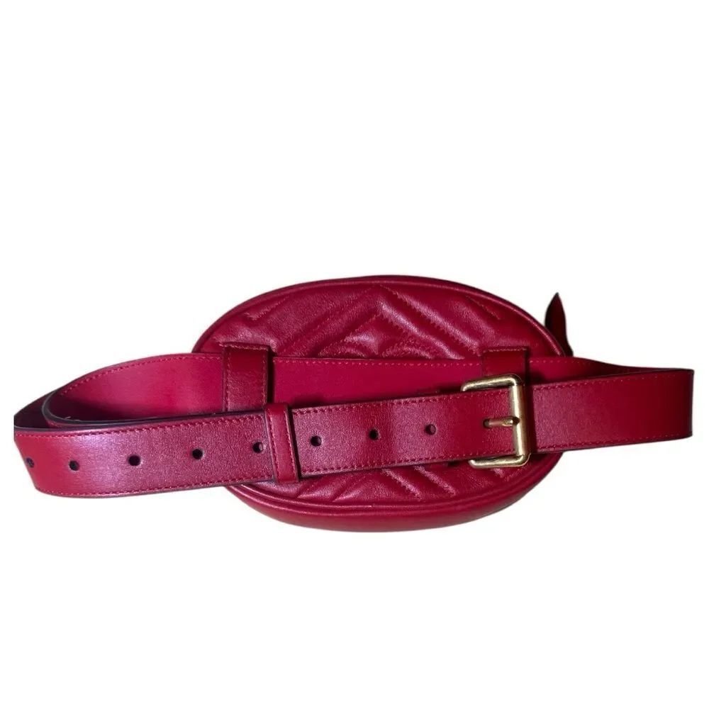 Gucci Red Chevron Quilted Matelasse Leather GG Marmont Waist Belt Bag Auth - Picture 4 of 16